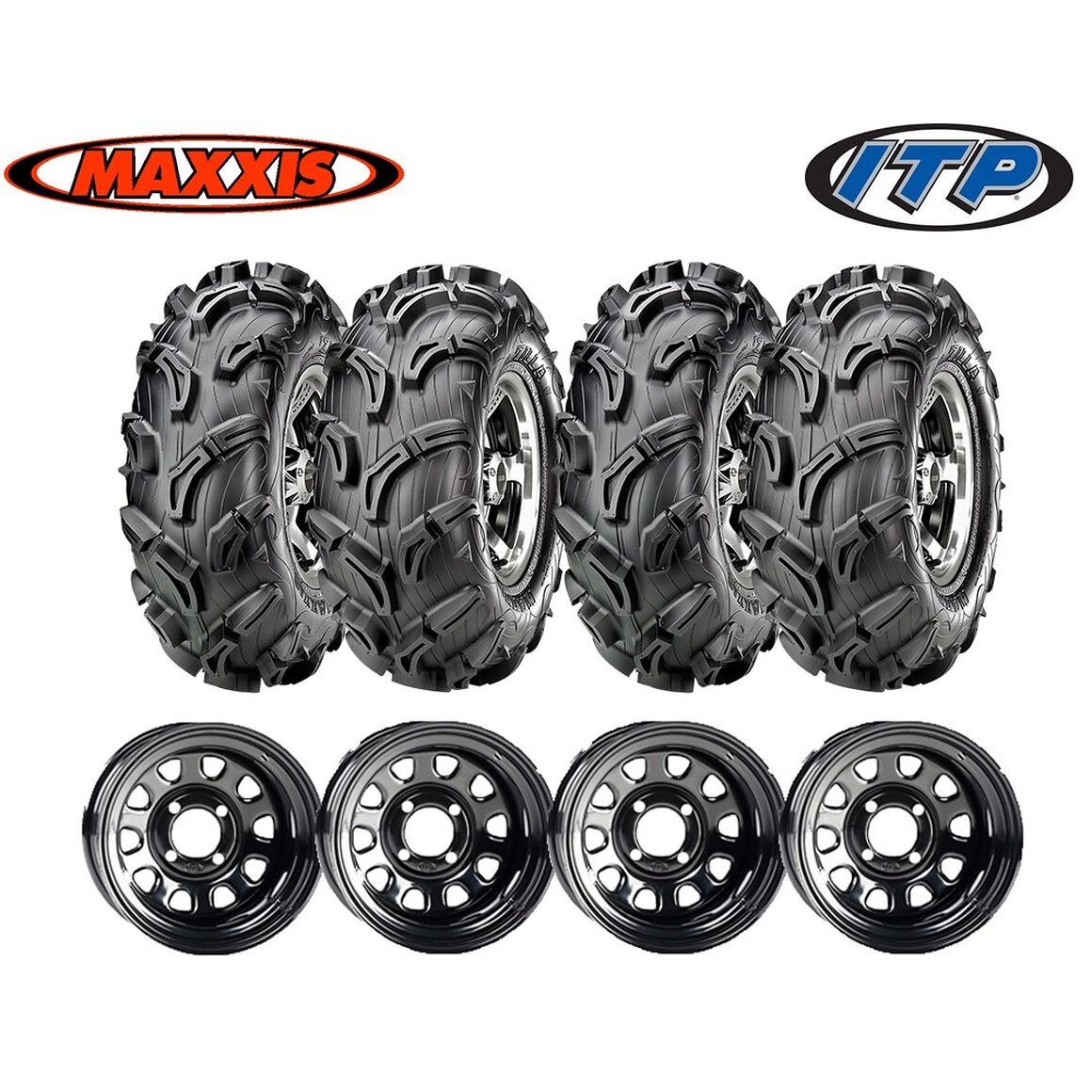Full set of Maxxis Zilla 26x9-12 and 26x11-12 ATV Mud Tires 4 