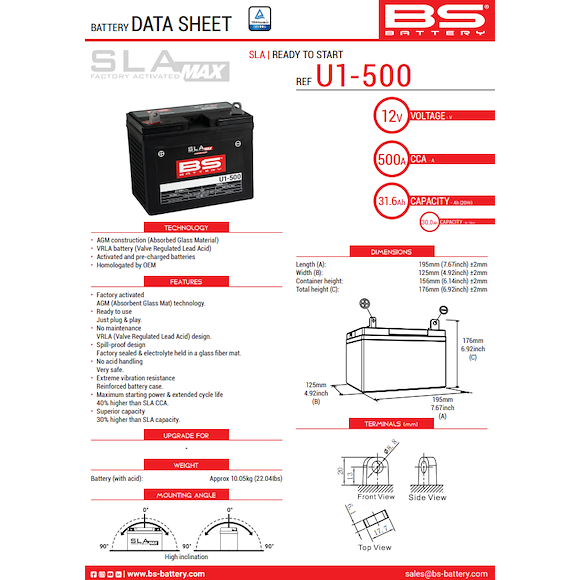BS BATTERY BS ATV Batteri U1-500 SLA 12V