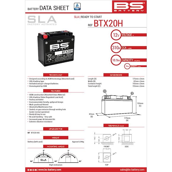 BS BATTERY BS ATV Batteri BTX20 SLA 12V (YTX20)