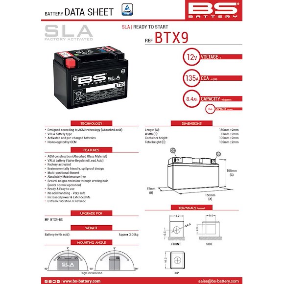 BS Batterier BS ATV Batteri BTX9 SLA 12V (YTX9-BS)